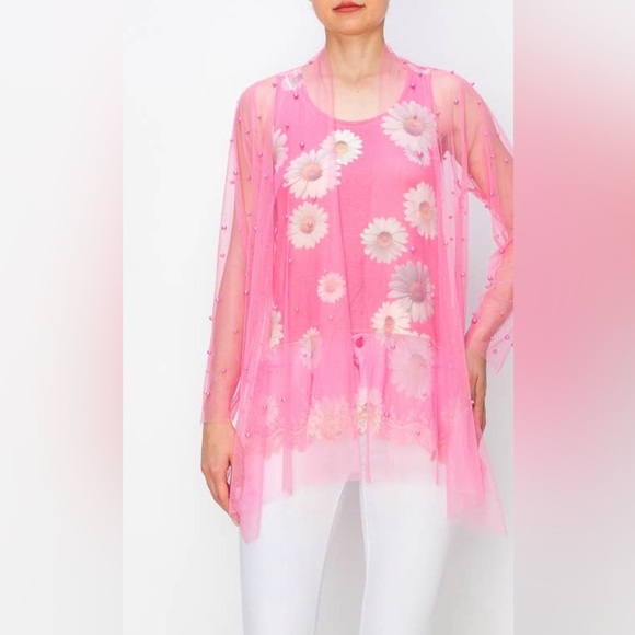 Women's Origami by Vivien Pink Sheer Pearl Embellished Top M - Picture 4 of 4